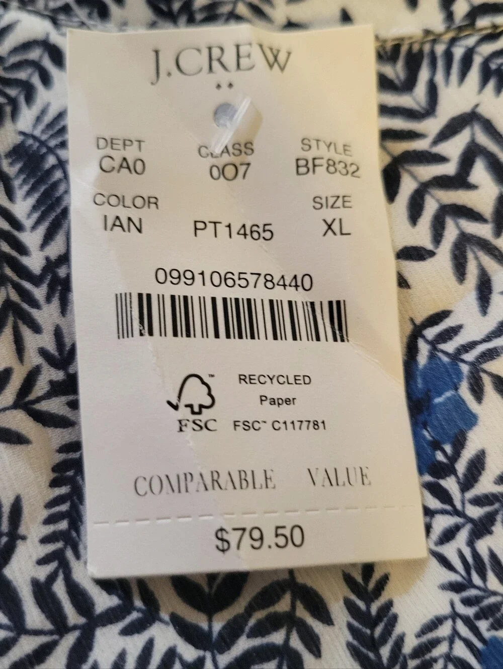 NWT J.Crew Short Sleeve Blue & White Floral Button-Up Peasant Blouse | Size XL